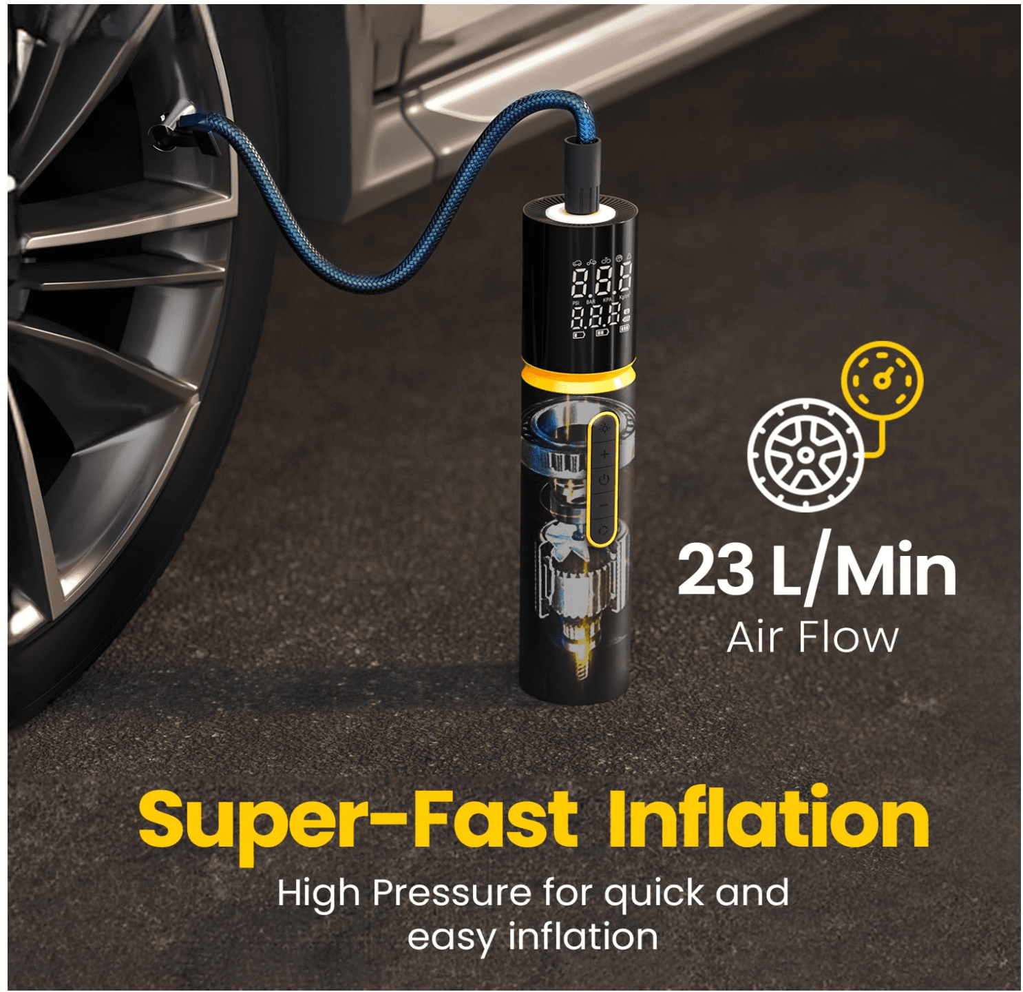 Black Portronics Vayu 5.0 rechargeable tyre inflator with digital display, inflation hose, and built-in flashlight.