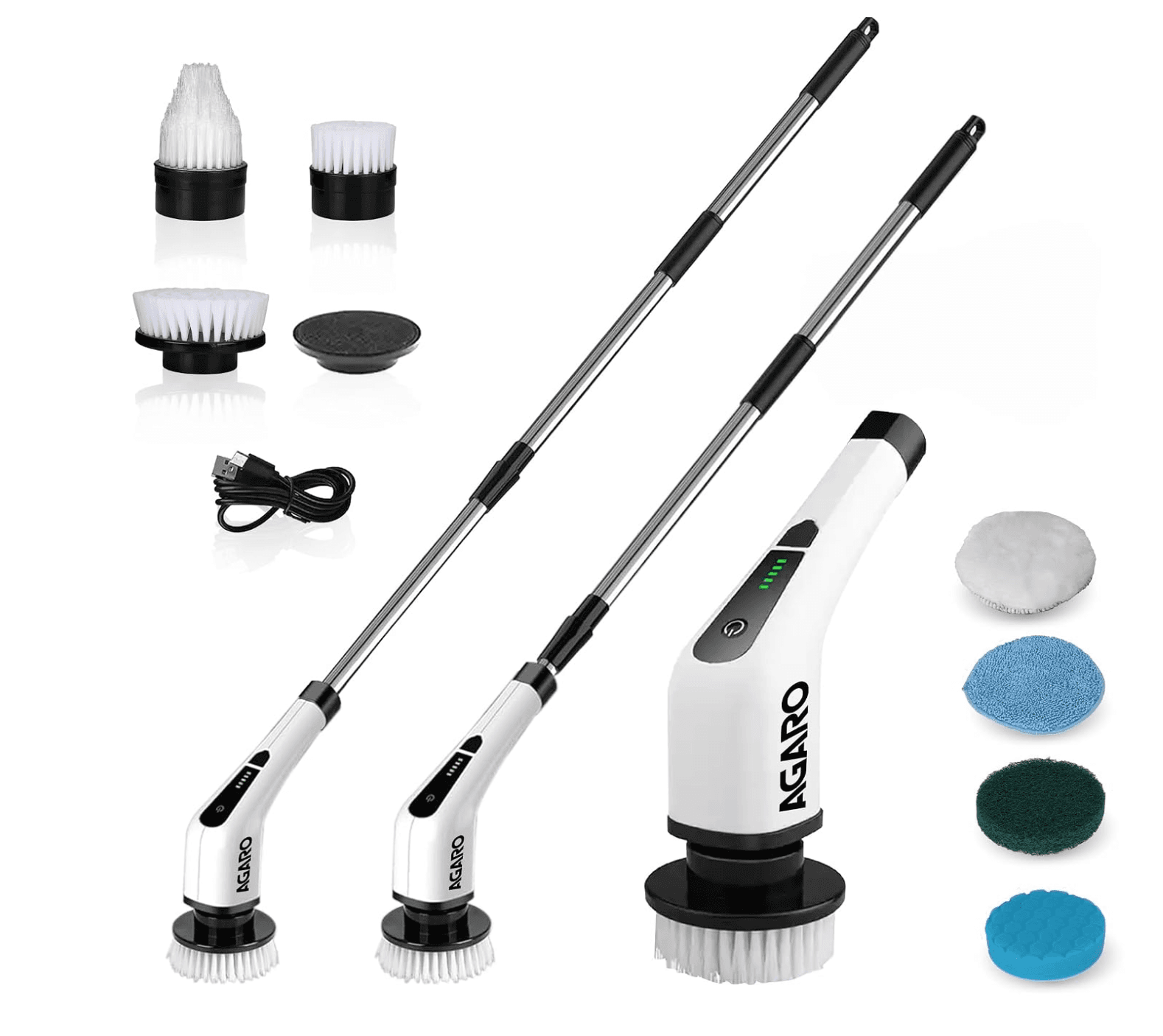 White AGARO Royal electric spin scrubber with an adjustable long handle and interchangeable cleaning brush heads.