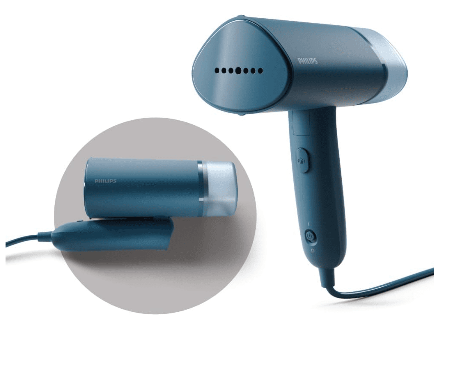 Reno Blue Philips STH3000/20 handheld garment steamer with a compact foldable design and steam head.